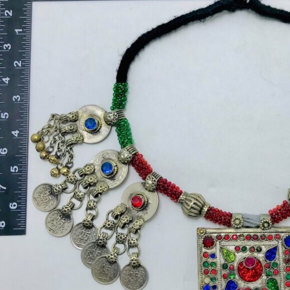 Green and Red Beaded Necklace With Vintage Coins and Big Pendant Antique Tribal - Picture 10 of 12